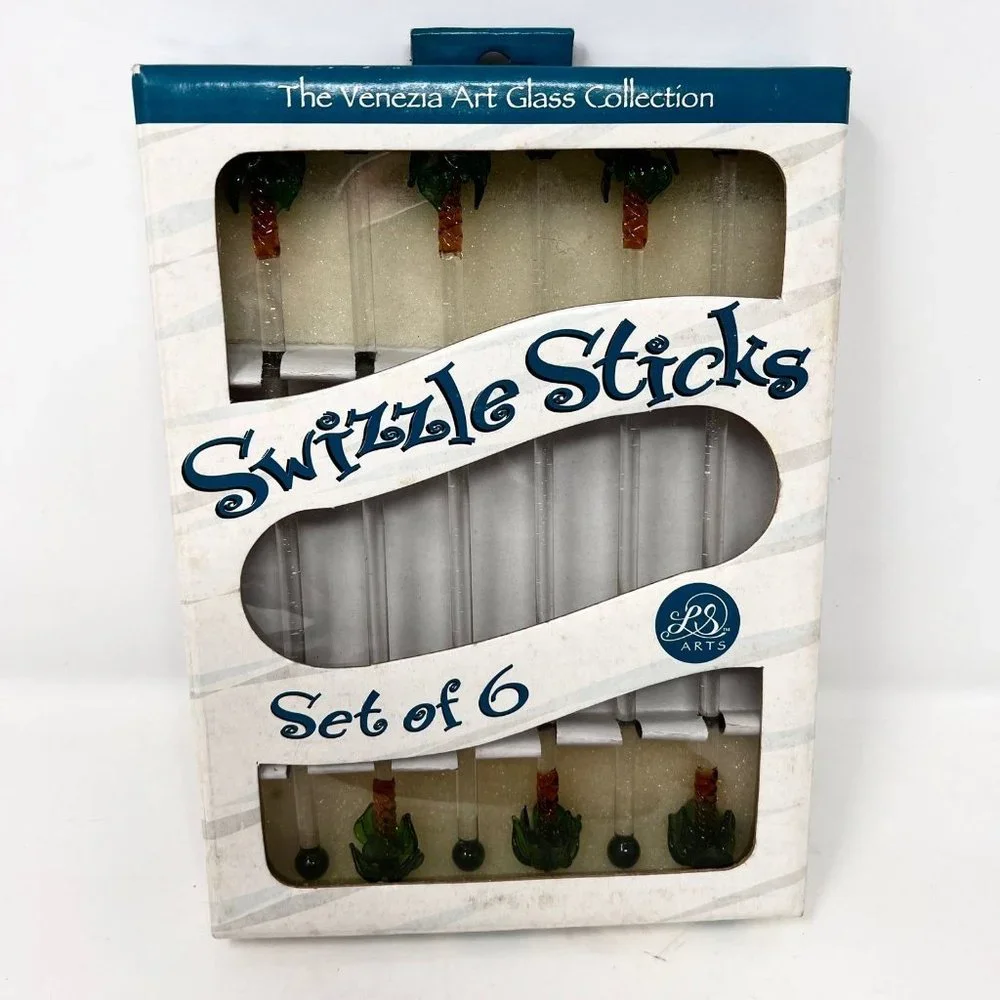 Swizzle Sticks LS Arts Venezia Art Glass Palm Trees New Old‎ Stock 2 Sets of 6